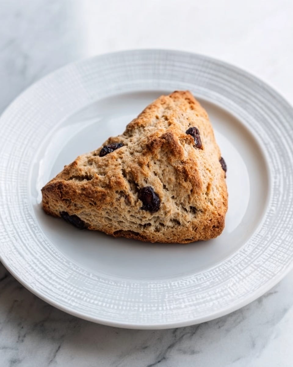 A single triangular scone with a rough and golden-brown crust sits in the center of a white plate with an embossed rim. The scone has a crumbly texture, with visible pieces of dark fruit like raisins or berries scattered across its surface. The plate is placed on a white marbled table, creating a clean and simple background. photo taken with an iphone --ar 4:5 --v 7