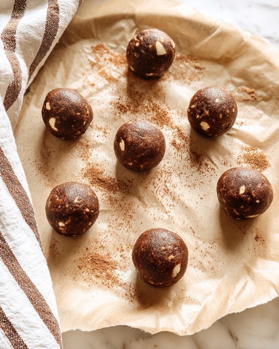 Nine round chocolate cookie dough balls with visible white chocolate chunks scattered evenly in each ball are placed on a sheet of crumpled light brown parchment paper. The dough balls have a rough texture with small white salt flakes on top. The parchment paper is set on a white marbled texture surface, and some cocoa powder and salt flakes are lightly dusted around the dough balls. A piece of white cloth with brown stripes is partially visible on the left side. photo taken with an iphone --ar 4:5 --v 7