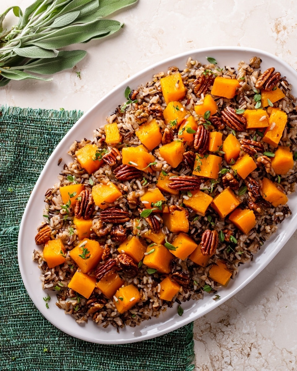 A white oval plate filled with a base layer of mixed wild and brown rice with a soft, grainy texture, spread evenly across the plate. On top, there are roasted orange butternut squash cubes scattered generously, their surface slightly shiny and caramelized. Mixed with the squash and rice are toasted pecan halves adding a rich brown color and crunchy texture, along with small bits of translucent diced onion and green herbs sprinkled throughout for color contrast. The whole dish rests on a white marbled surface with a sage leaf and a green textured cloth partly visible nearby. Photo taken with an iphone --ar 4:5 --v 7