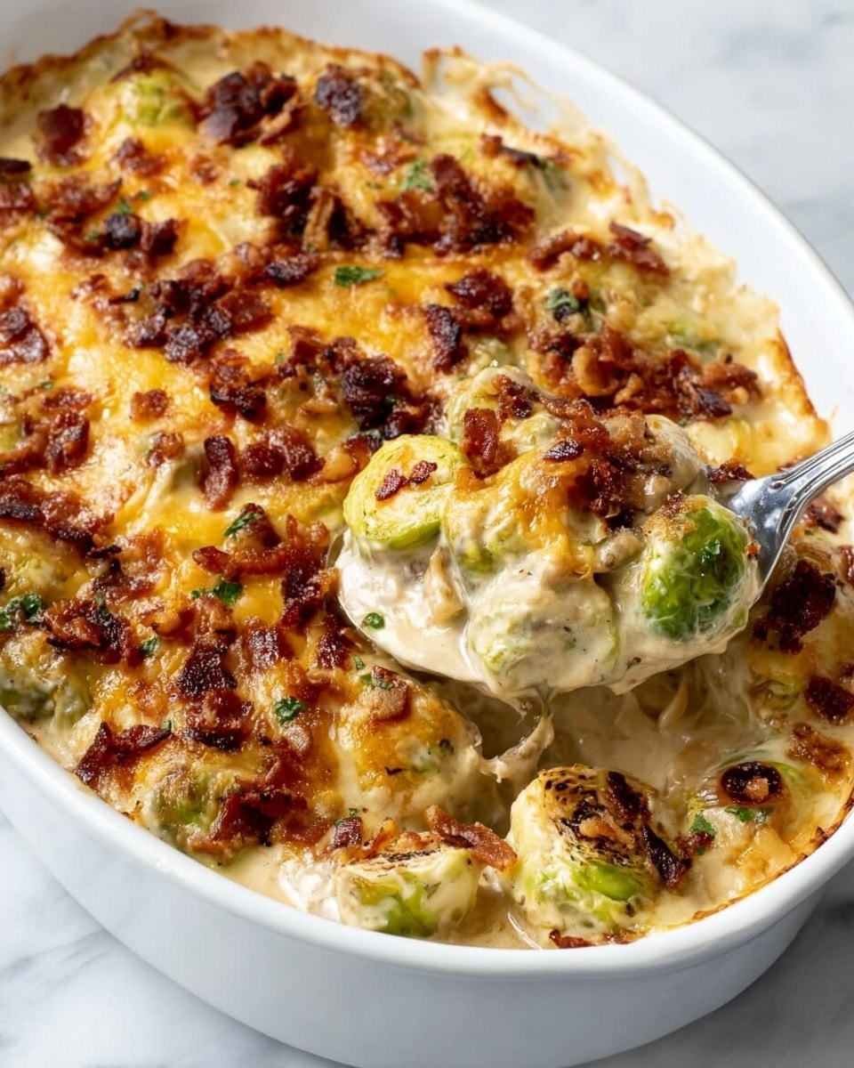 A white oval dish filled with a creamy baked casserole showing 2-3 visible layers, starting from the bottom with sliced green Brussels sprouts, covered by a thick beige cream sauce, and topped with a golden brown melted cheese layer that is bubbly and browned in spots. Small dark brown bacon bits are scattered across the surface, adding texture. A shiny silver spoon is scooping into the casserole from the right side, lifting a mix of Brussels sprouts, sauce, cheese, and bacon. The dish sits on a white marbled surface. photo taken with an iphone --ar 4:5 --v 7