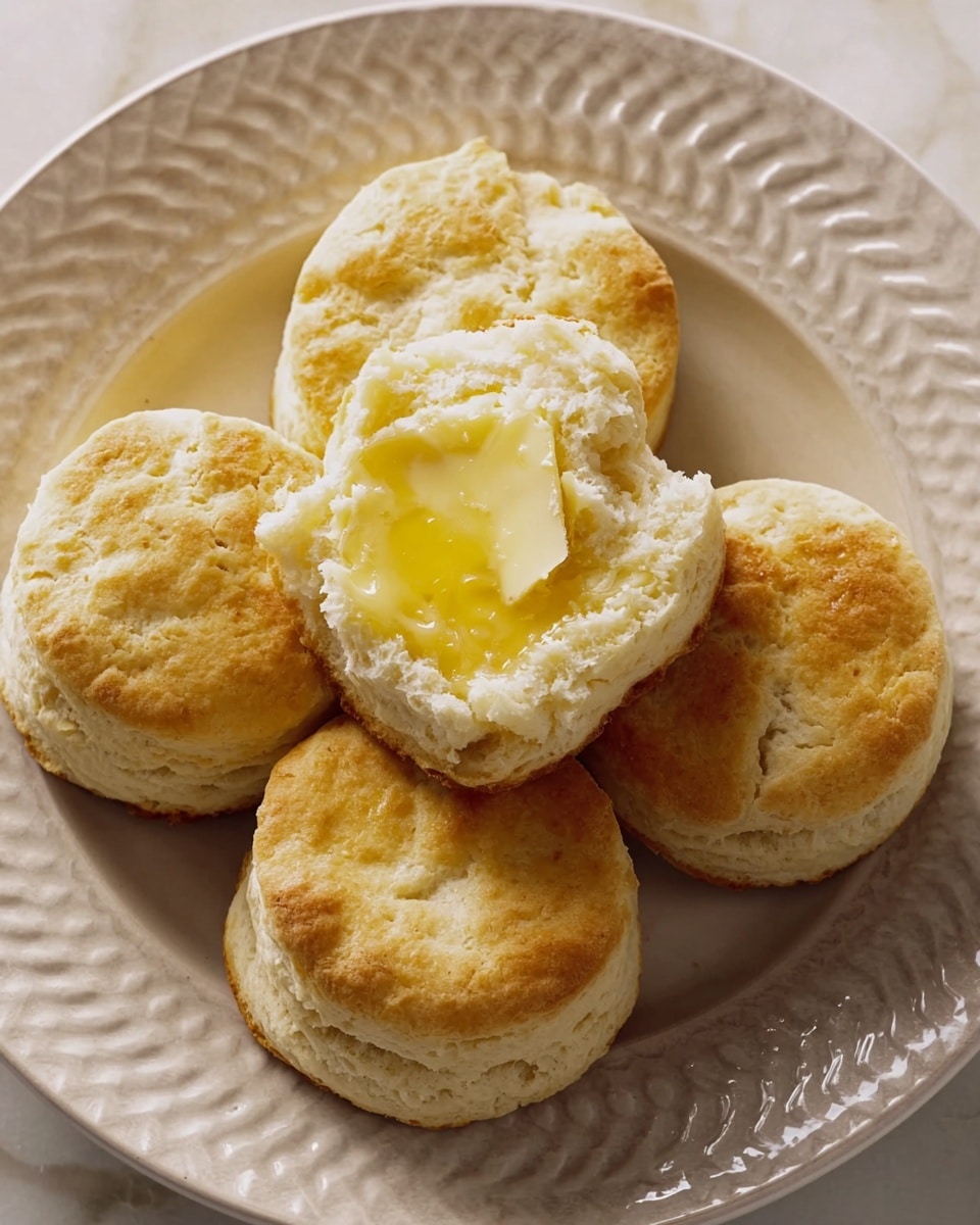 A close-up view of five round biscuits arranged on a white plate, each biscuit with a light golden-brown top and soft, crumbly sides. One biscuit is split open and placed on top of the others, revealing its fluffy, pale inside with a dollop of melting butter sitting in the center, slightly glossy and smooth. The background shows a white marbled texture, enhancing the warm, inviting colors of the biscuits. photo taken with an iphone --ar 4:5 --v 7
