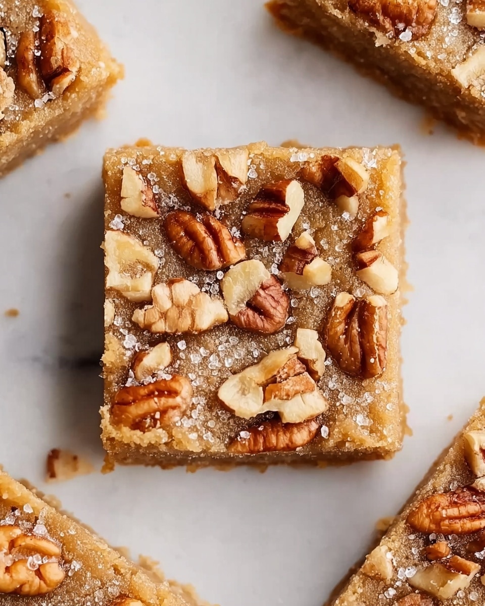 The image shows a close-up view of a single square blondie topped with a mix of whole and broken pecan pieces scattered evenly across the surface. The blondie has a golden brown color with a slightly crumbly texture, and the nuts add a rich, textured contrast. There is a light sprinkling of coarse sugar or salt crystals on top, which create a subtle sparkle. The blondie is placed on a white marbled surface, with parts of two other blondies barely visible on either side, slightly out of focus, enhancing the focus on the center piece. photo taken with an iphone --ar 4:5 --v 7