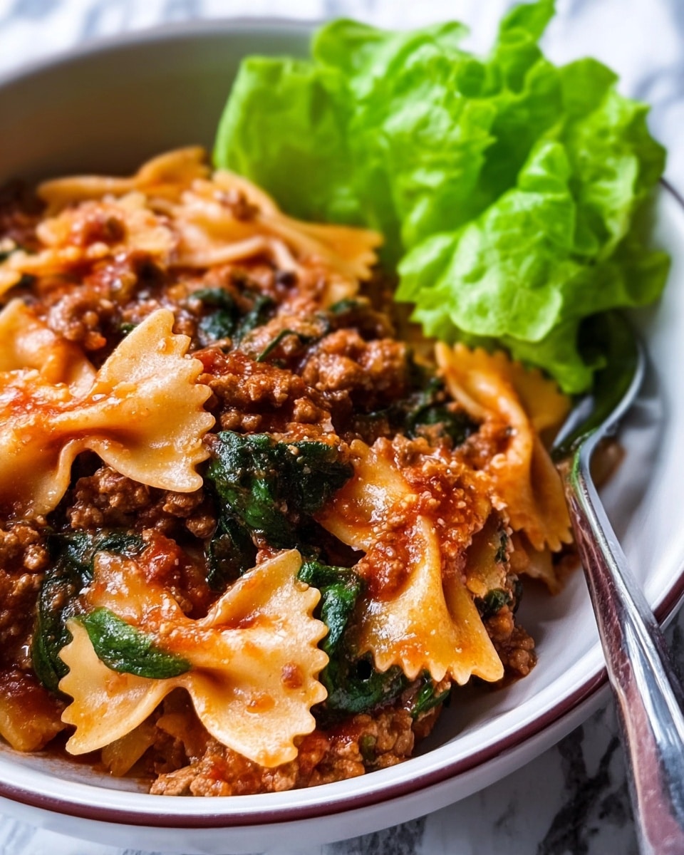 A close-up view of a white bowl filled with a layered pasta dish featuring bow-tie shaped pasta coated in a rich tomato sauce mixed with ground meat and wilted green spinach leaves. The pasta is cooked with a slight glossy texture, showing the sauce clinging to the shapes, with bits of browned meat scattered throughout. On one side of the bowl, there is a small cluster of fresh, crisp green lettuce leaves adding a bright contrast. A silver fork is partially buried in the pasta on the right edge of the bowl, ready to scoop a bite. The bowl sits on a white marbled surface with subtle gray streaks. photo taken with an iphone --ar 4:5 --v 7