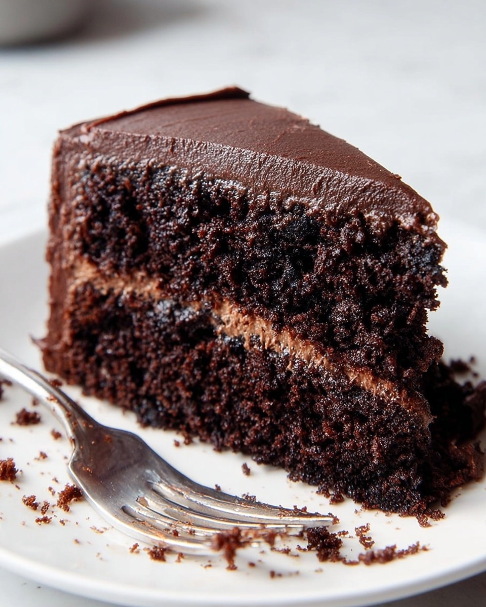 A close-up of a slice of chocolate cake with two thick dark brown layers of moist cake separated by a thin layer of lighter brown creamy frosting. The outside edges of the slice are covered with a smooth, dark chocolate frosting. The slice sits on a white plate with small crumbs around it and a silver fork resting beside the cake. The background is a soft white marbled texture. Photo taken with an iphone --ar 4:5 --v 7
