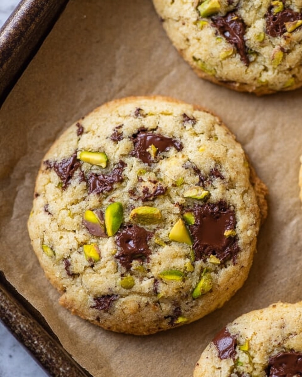 The image shows a close-up of a single cookie on a baking tray lined with brown parchment paper. The cookie is round with a light golden-brown color and slightly cracked surface, studded with melted dark chocolate chunks and scattered bright green pistachio pieces. The texture looks soft and slightly chewy with visible tiny sugar crystals and a slightly crisp edge. The baking tray is dark and has a worn look, and the overall setting contrasts with the cookie, emphasizing its warm tones. photo taken with an iphone --ar 4:5 --v 7