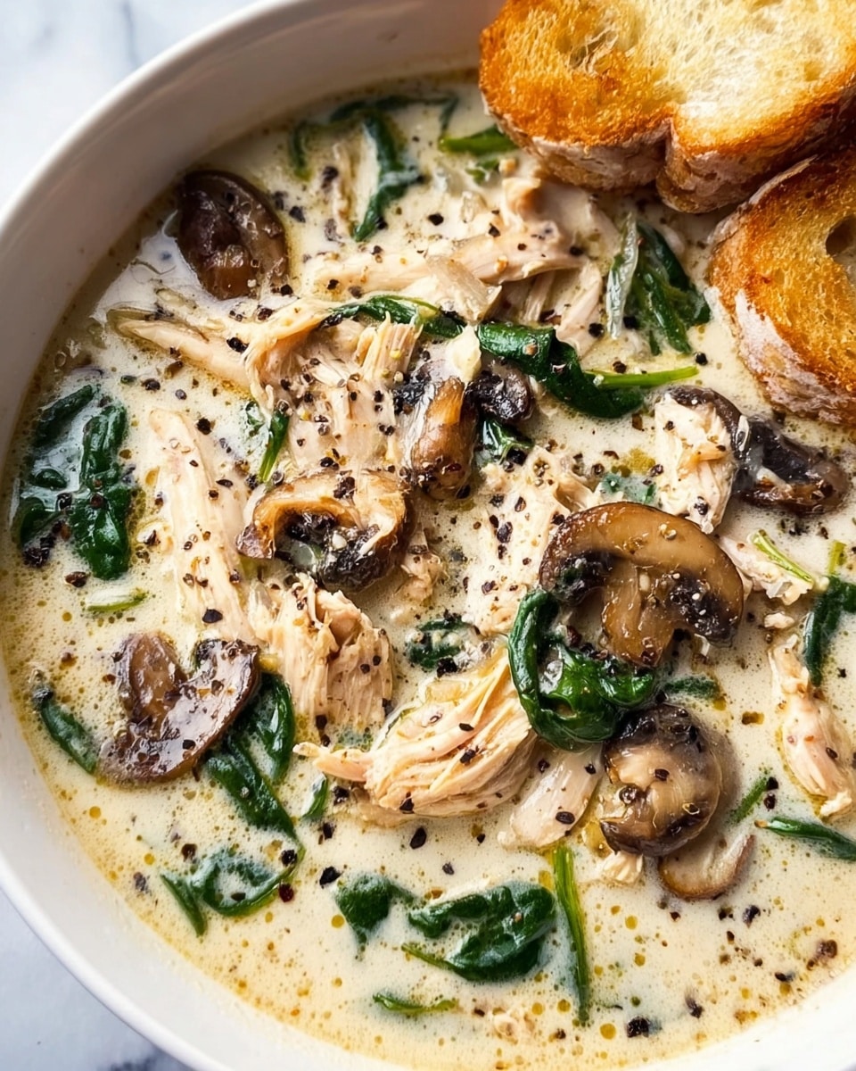 A white bowl filled with a creamy soup containing three main layers: light beige thick broth with a smooth texture as the base, topped with medium brown sliced mushrooms scattered all over, and pieces of shredded light tan chicken mixed with bright green spinach leaves. There is a sprinkle of black pepper on top, adding small dark specks across the surface. A slice of crusty, light brown bread rests on the edge of the bowl. The bowl is placed on a white marbled textured surface. photo taken with an iphone --ar 4:5 --v 7