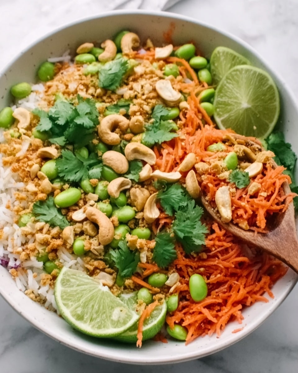 A round white bowl sits on a white marbled surface, filled with a colorful layered salad. The bottom layer is bright green lettuce, topped with shredded orange carrots and peas mixed throughout. Above this, there is a layer of light brown cooked grains sprinkled with chopped green herbs. On top, there are golden toasted cashews scattered along with some red chili flakes. A few lime wedges rest on the side of the bowl. The textures show fresh, crisp vegetables mixed with crunchy nuts and soft grains. Photo taken with an iphone --ar 4:5 --v 7