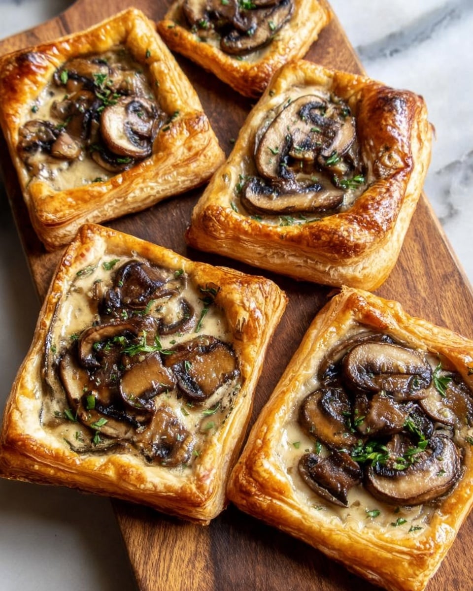Five golden brown puff pastry tarts are arranged on a wooden board resting on a white marbled surface. Each tart has a thick, flaky crust with a shiny, slightly darker golden edge, forming a raised border. Inside the border, the tarts have a creamy, light beige sauce layer topped with sautéed mushroom slices that are dark brown, glossy, and slightly glossy with small flecks of green herbs scattered on top. The tarts vary slightly in shape, some more square and others more oval, with the mushroom topping evenly spread but differing in size and placement. Photo taken with an iphone --ar 4:5 --v 7