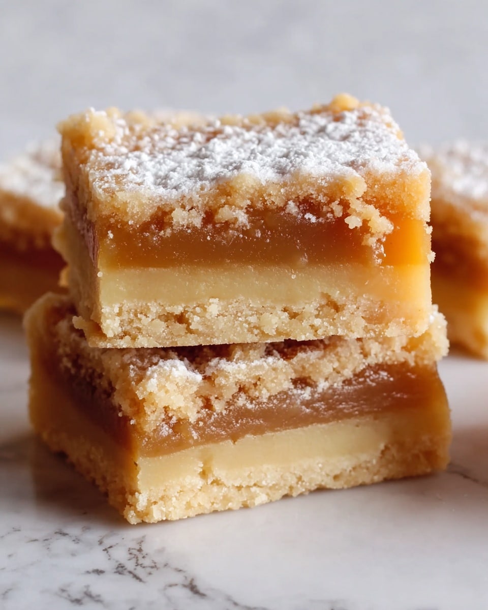 The image shows a close-up of two square pieces of dessert stacked on top of each other. Each piece has three layers: a light golden crumbly top layer dusted lightly with white powdered sugar, a thick middle layer with a smooth, caramel-colored texture, and a pale golden, dense bottom crust. The pieces reveal a slightly crumbly texture with a soft, moist filling in the middle. The background is blurred but features a white marbled surface. photo taken with an iphone --ar 4:5 --v 7