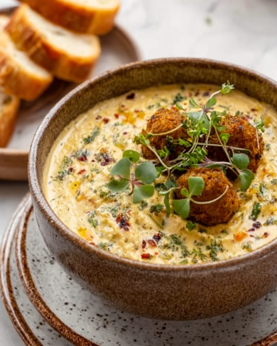 A round brown bowl filled with creamy, light yellow dip that has small green and orange herb pieces mixed in, topped with a few golden-brown fried chickpea balls and tiny green leaves. The bowl sits on a stack of two rustic, textured white plates with some of the dip's slight specks visible on the bowl’s edge. In the background, there are slices of toasted bread blurred softly on a white marbled surface. The photo taken with an iphone --ar 4:5 --v 7