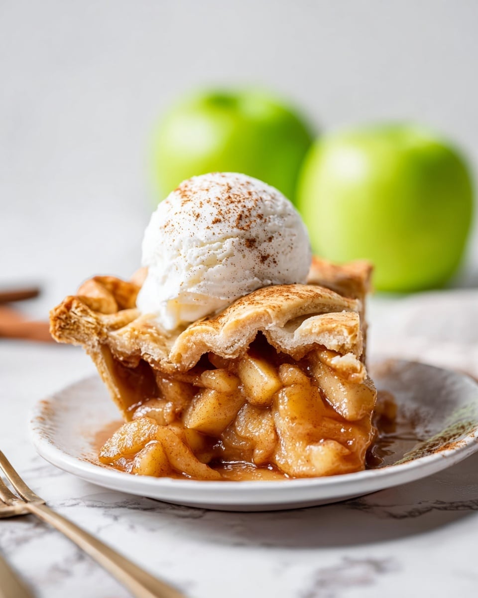 A slice of apple pie is presented on a white plate, showing multiple layers: the golden-brown crust on top and sides with a slightly crimped edge, a thick middle layer filled with chunky, cinnamon-spiced apple pieces in a glossy, syrupy filling, and a pale scoop of vanilla ice cream dusted with cinnamon sitting on top. The pie slice sits on a white marbled surface with a blurred background featuring two green apples and silverware on the side. Photo taken with an iphone --ar 4:5 --v 7
