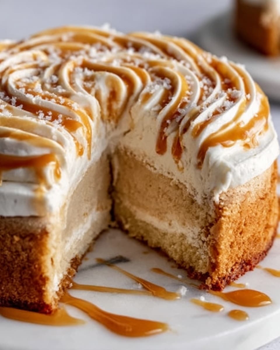 The image shows a close-up of a round dessert with two visible layers on a white marbled surface. The bottom layer is a thick, crumbly, light brown crust. The middle layer is a smooth, creamy, pale beige filling. On top, there is a thick swirl of light caramel-colored cream, decorated with small white granules that look like coarse sugar or salt. A piece of the dessert is missing, revealing the layers clearly. The lighting highlights the texture and gloss of the caramel cream. Photo taken with an iphone --ar 4:5 --v 7
