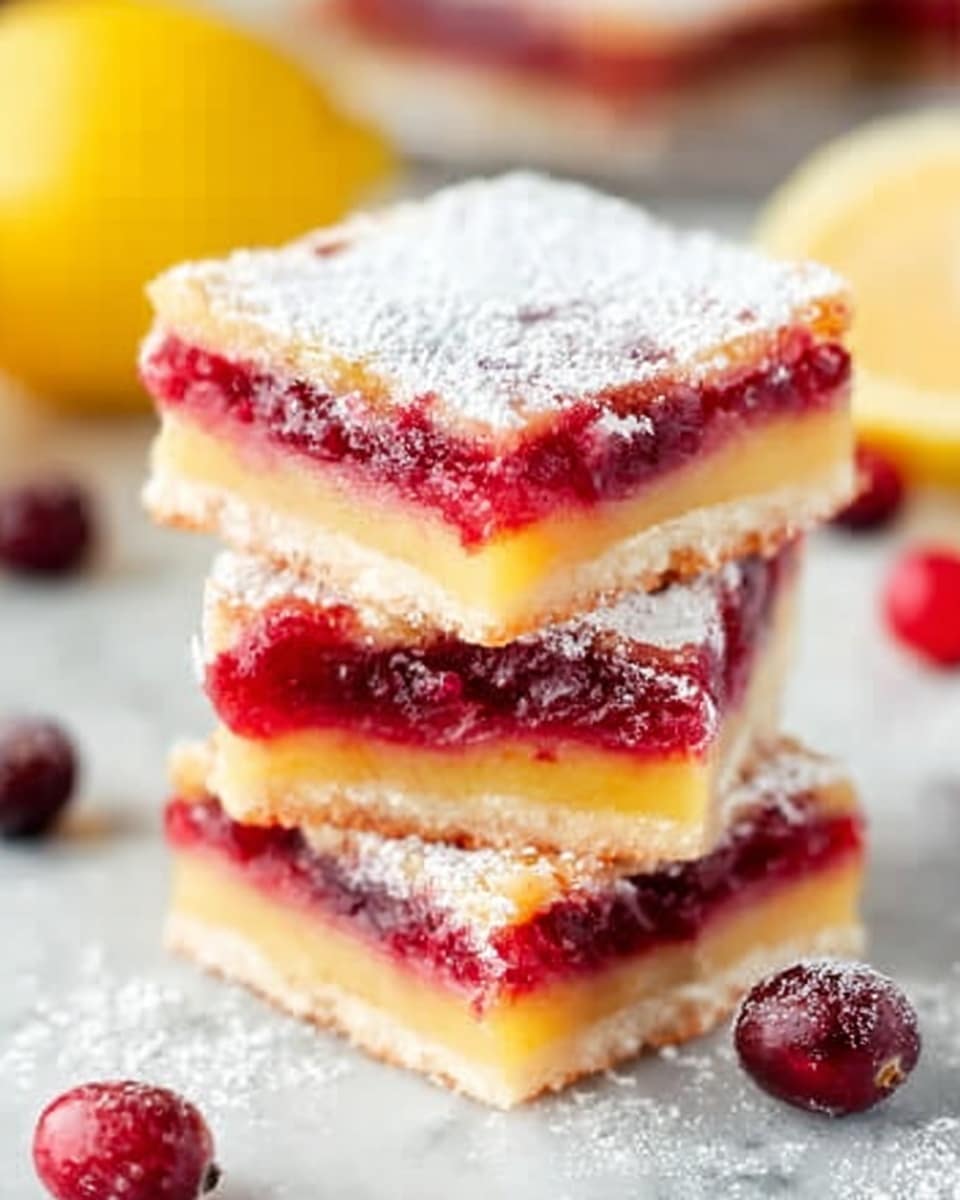 The image shows a stack of three square lemon cranberry bars on a white marbled surface. Each bar has three layers: the bottom layer is a light golden crust, the middle layer is a bright, deep red cranberry filling with a slightly glossy texture, and the top layer is a pale yellow, smooth lemon custard dusted with a white powdery sugar. Around the stack, there are some whole cranberries and a lemon half blurred in the background. The bars look moist and fresh, with the powdered sugar adding a soft, snowy effect on top. Photo taken with an iphone --ar 4:5 --v 7