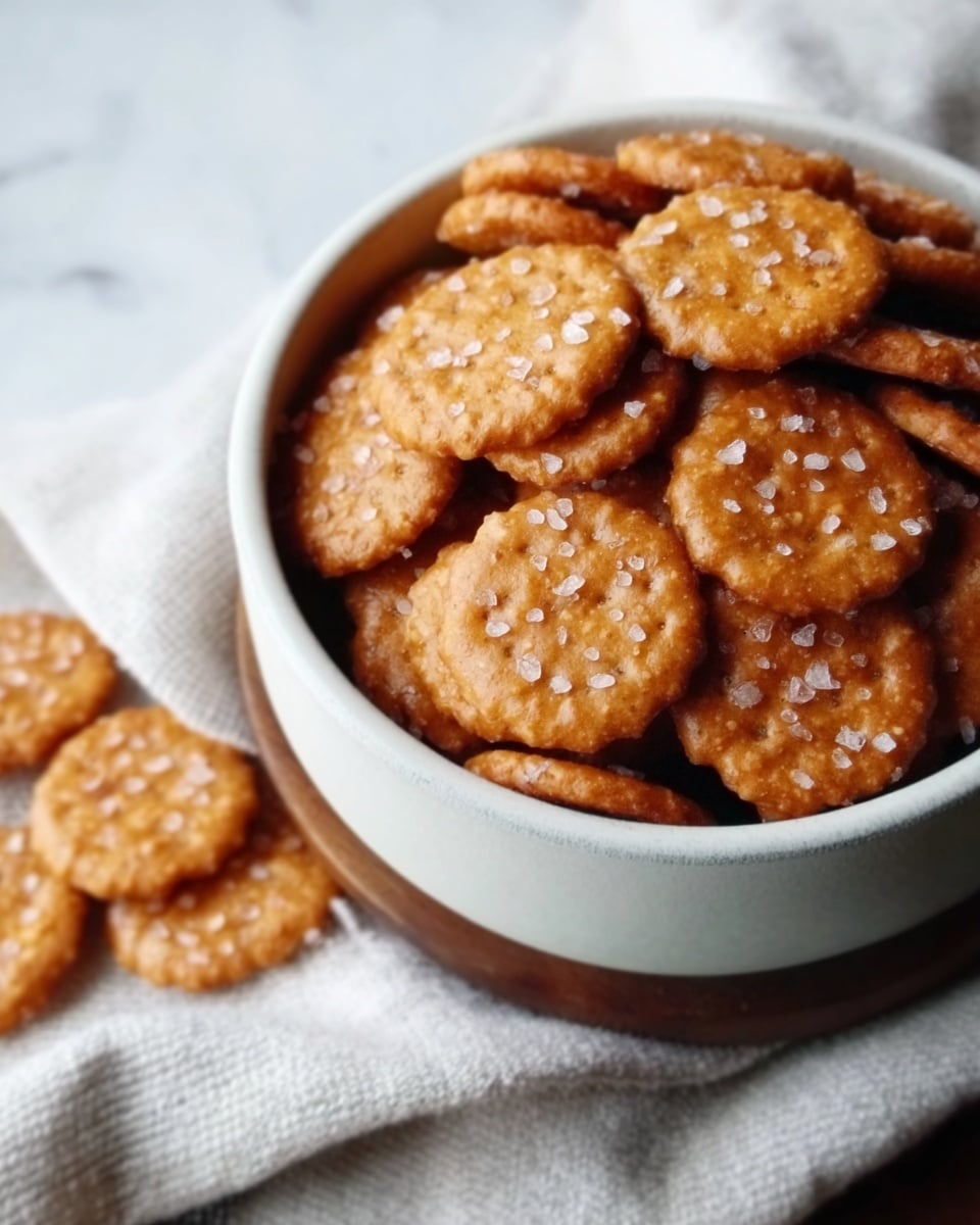 A white bowl filled with many small, round, golden-brown crackers that have coarse salt sprinkled on top. The crackers have a shiny, slightly rough texture and are stacked inside the bowl with some spilling over the edge. The background is a white marbled surface with a soft cloth partially visible beneath the bowl, giving a cozy feeling. photo taken with an iphone --ar 4:5 --v 7