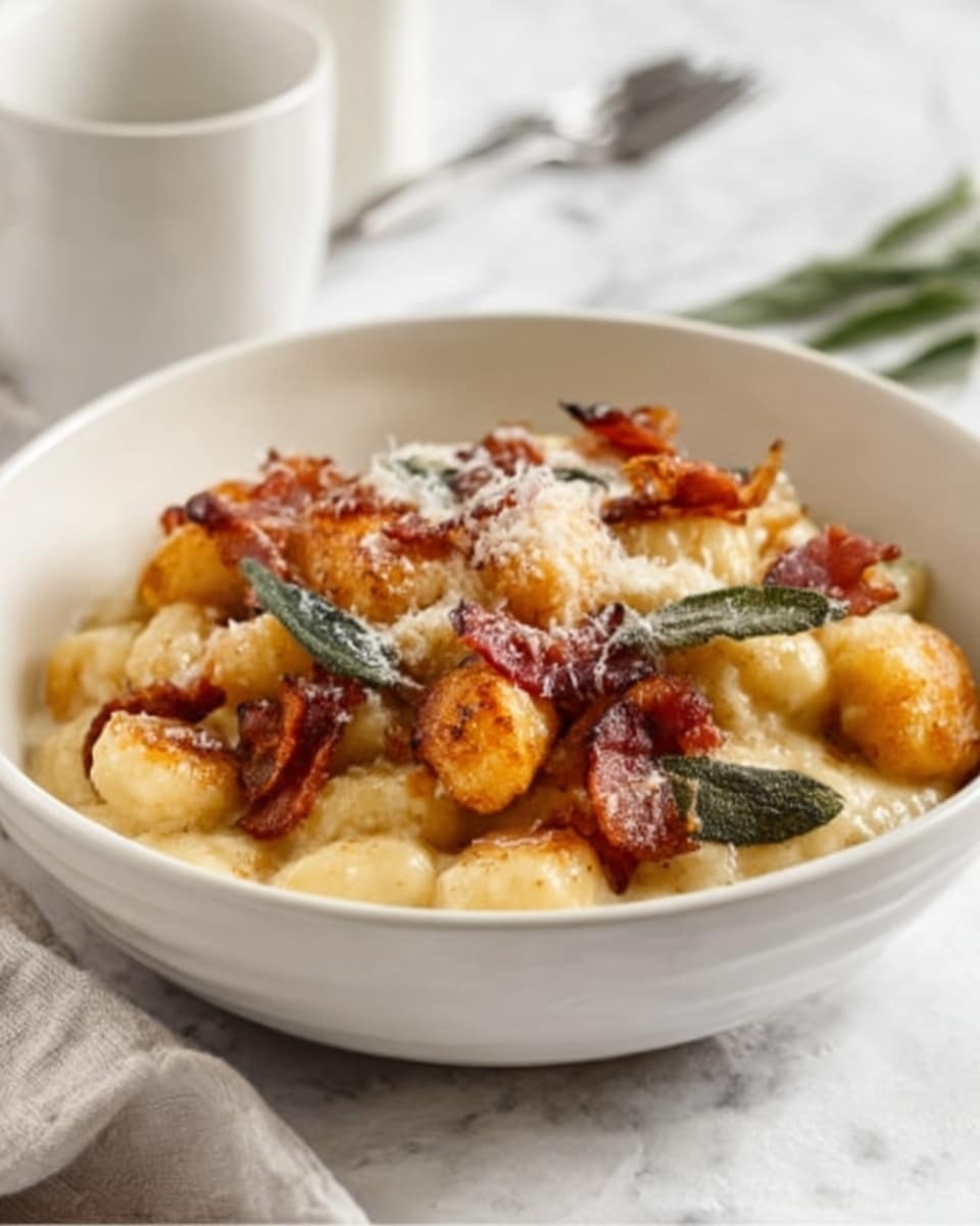 The image shows a white bowl filled with a layered dish of golden-brown gnocchi mixed with pieces of crispy bacon and green sage leaves. The gnocchi are plump and slightly browned, sitting at the bottom and middle layers, while the bacon pieces add a dark reddish-brown contrast scattered throughout. The sage leaves are fresh green and crisp, placed on top and mixed inside. The bowl is on a white marbled surface, with a spoon and a white cloth napkin nearby. Photo taken with an iphone --ar 4:5 --v 7