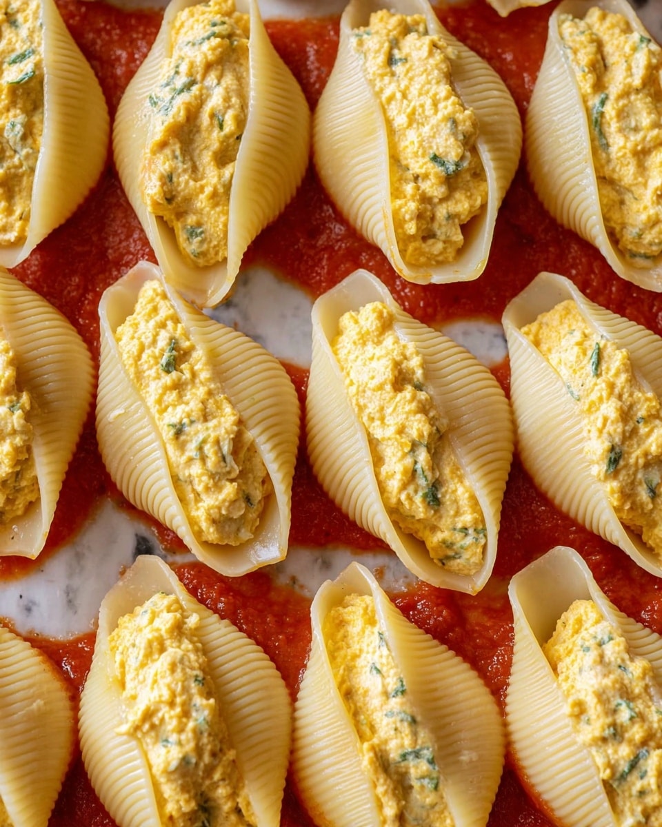 The image shows a close-up of large pasta shells arranged closely together in a single layer on a base of bright red tomato sauce. Each shell is filled with a creamy, golden-yellow ricotta cheese mixture that has a textured, slightly crumbly surface with small green flecks possibly of herbs. The shells are beige with ridged surfaces running lengthwise. The background is a white marbled texture. photo taken with an iphone --ar 4:5 --v 7