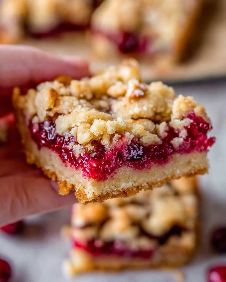 A close-up image of a square-shaped dessert bar with three layers, held by a woman's hand. The bottom layer is a light golden crust, crumbly and thick. The middle layer is bright red and glossy, filled with whole cranberries or similar red berries that look juicy and fresh. The top layer is a crumbly, golden-brown crust with a slightly rough texture, streaked with darker bits of baked dough. The background shows more pieces of the same dessert lying on a white marbled surface, with soft and natural lighting highlighting the textures and colors. Photo taken with an iphone --ar 4:5 --v 7