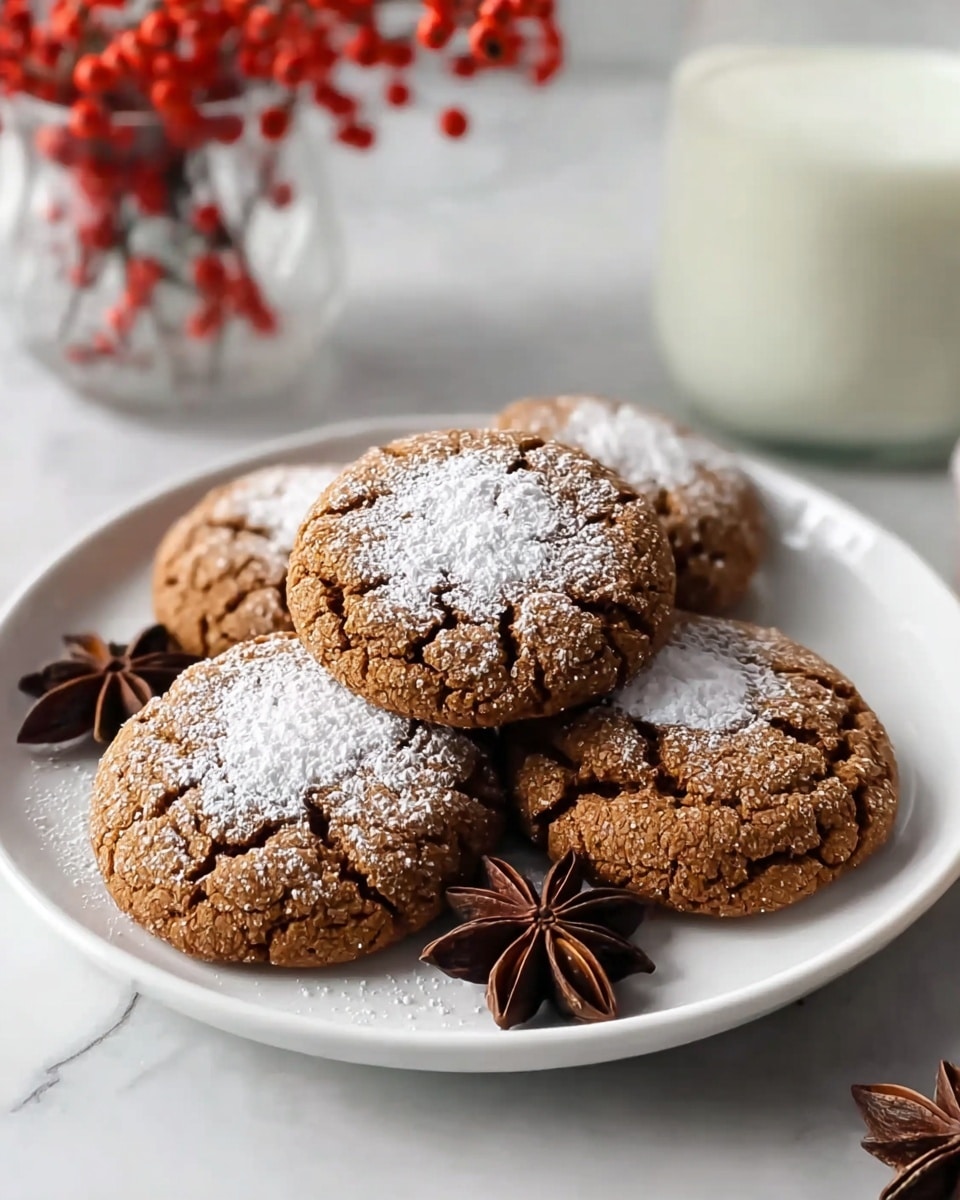 A white plate holds five brown, round cookies with visible cracks on their surface, each sprinkled lightly with white powdered sugar mainly concentrated in the center. The cookies have a slightly rough texture and appear soft. Two star anise pods rest on the plate near the cookies, adding a dark brown accent. In the background, there is a clear vase with red berries on the left and a glass of white milk on the right, all set against a white marbled surface. photo taken with an iphone --ar 4:5 --v 7