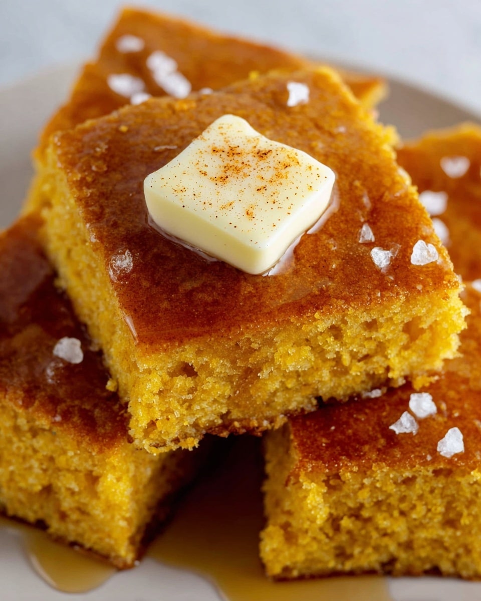 The image shows a close-up of square pieces of golden brown cornbread stacked on a white plate with a white marbled texture background. The top cornbread piece has a smooth surface with a light glossy layer of syrup drizzled over it, creating a shiny appearance. On top sits a small square pat of pale yellow butter with a slight sprinkling of brown spice, beginning to melt and soften into the warm cornbread. The texture of the cornbread is soft and moist with a slightly crumbly edge, and some pieces in the background have a light topping of coarse white salt crystals. Photo taken with an iphone --ar 4:5 --v 7
