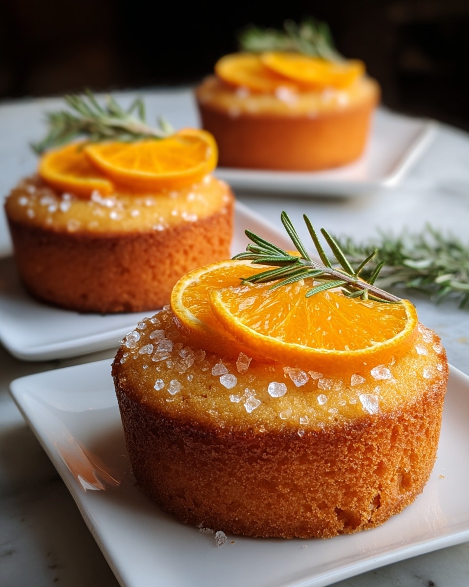 The image shows three single-layer round orange cakes on square white plates, each cake topped with two thin, bright orange slices arranged side by side. The cake surface is golden brown with a moist texture, sprinkled with sparkling sugar crystals that catch the light. On the closest cake, a small green twig of rosemary lies next to the orange slices, adding a fresh element. The cakes are placed on a white marbled surface with a soft blurred dark background highlighting the warm colors and details of the cakes. Photo taken with an iphone --ar 4:5 --v 7