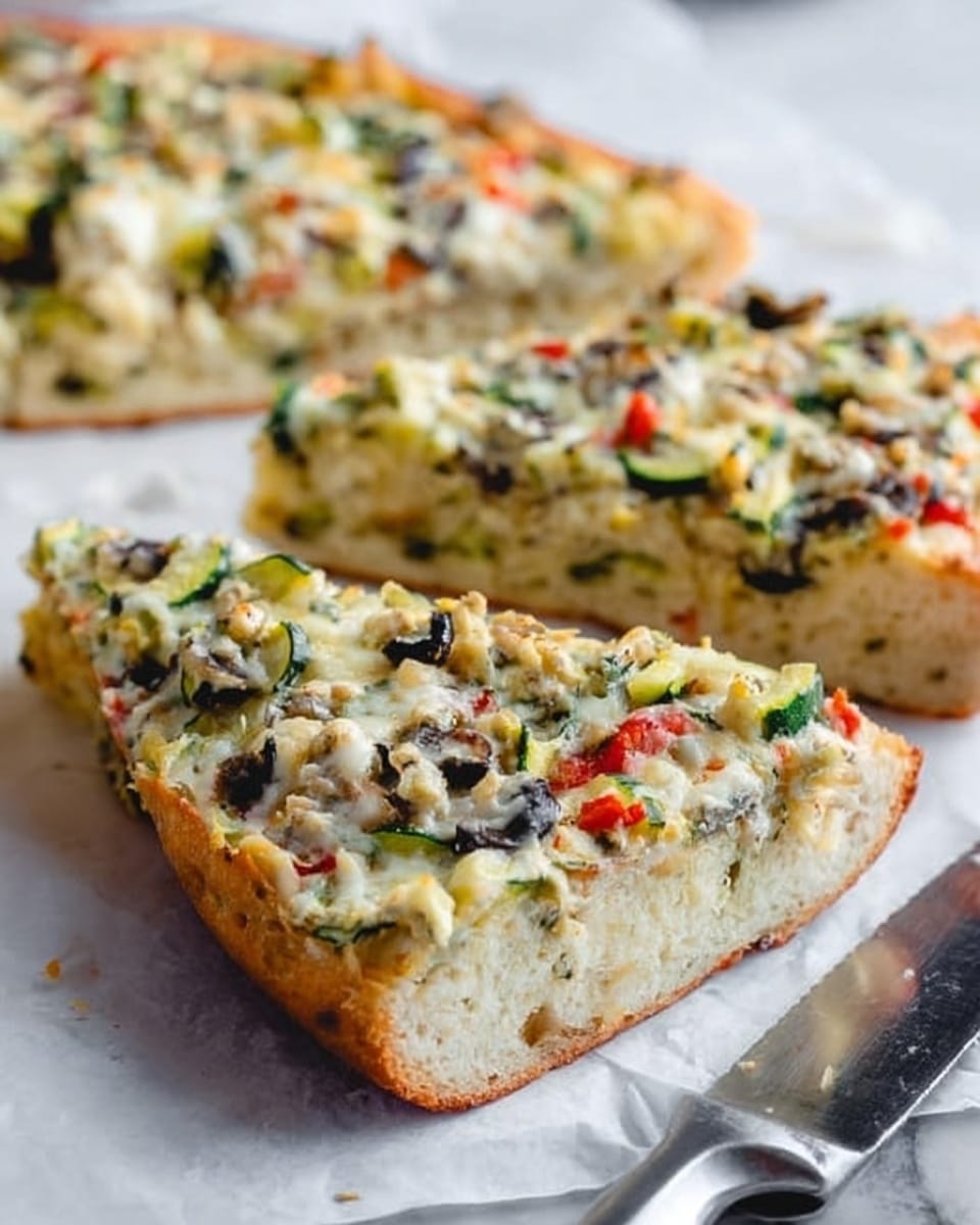 The image shows three slices of thick-crust vegetable pizza placed on white parchment paper over a white marbled surface. Each slice has a golden-brown crust with a soft, fluffy inside, topped with a textured layer of melted white cheese mixed with green zucchini slices, black olive pieces, small red spots of diced tomatoes, and bits of herbs. The topping layer looks creamy and evenly spread, with colors mainly white, green, black, and red. A large knife with a silver blade and black handle rests on the right side of the image. The focus is on the front pizza slice, with the two others slightly blurred behind it. photo taken with an iphone --ar 4:5 --v 7