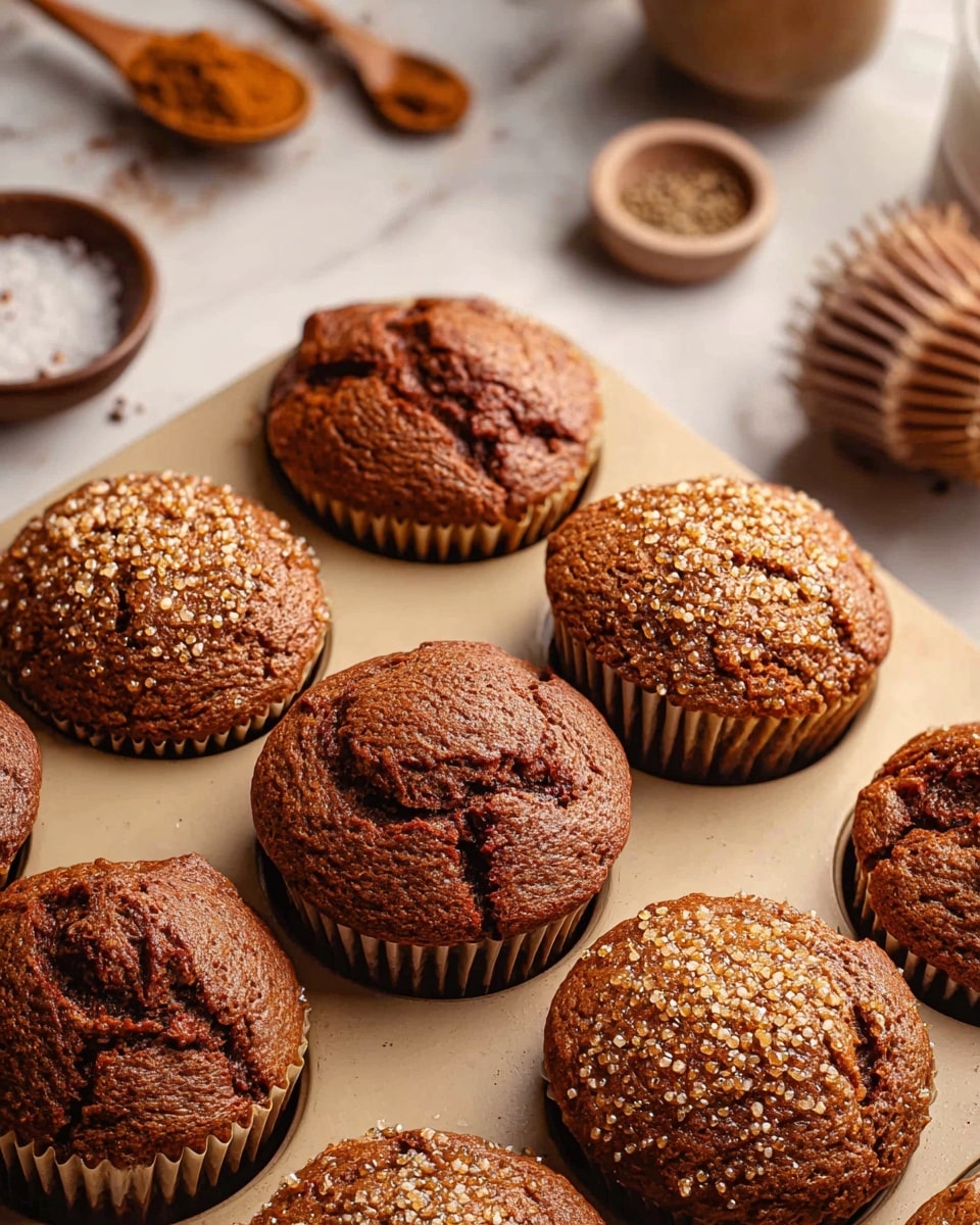 A close-up top view of a beige muffin tray holding eleven dark brown muffins with cracked tops, five of them topped with large, sparkling sugar crystals, and three muffins showing the dark brown ridged paper liners with sugar crystals on top; the tray is on a white marbled surface with small bowls of spices partially visible at the edges. photo taken with an iphone --ar 4:5 --v 7