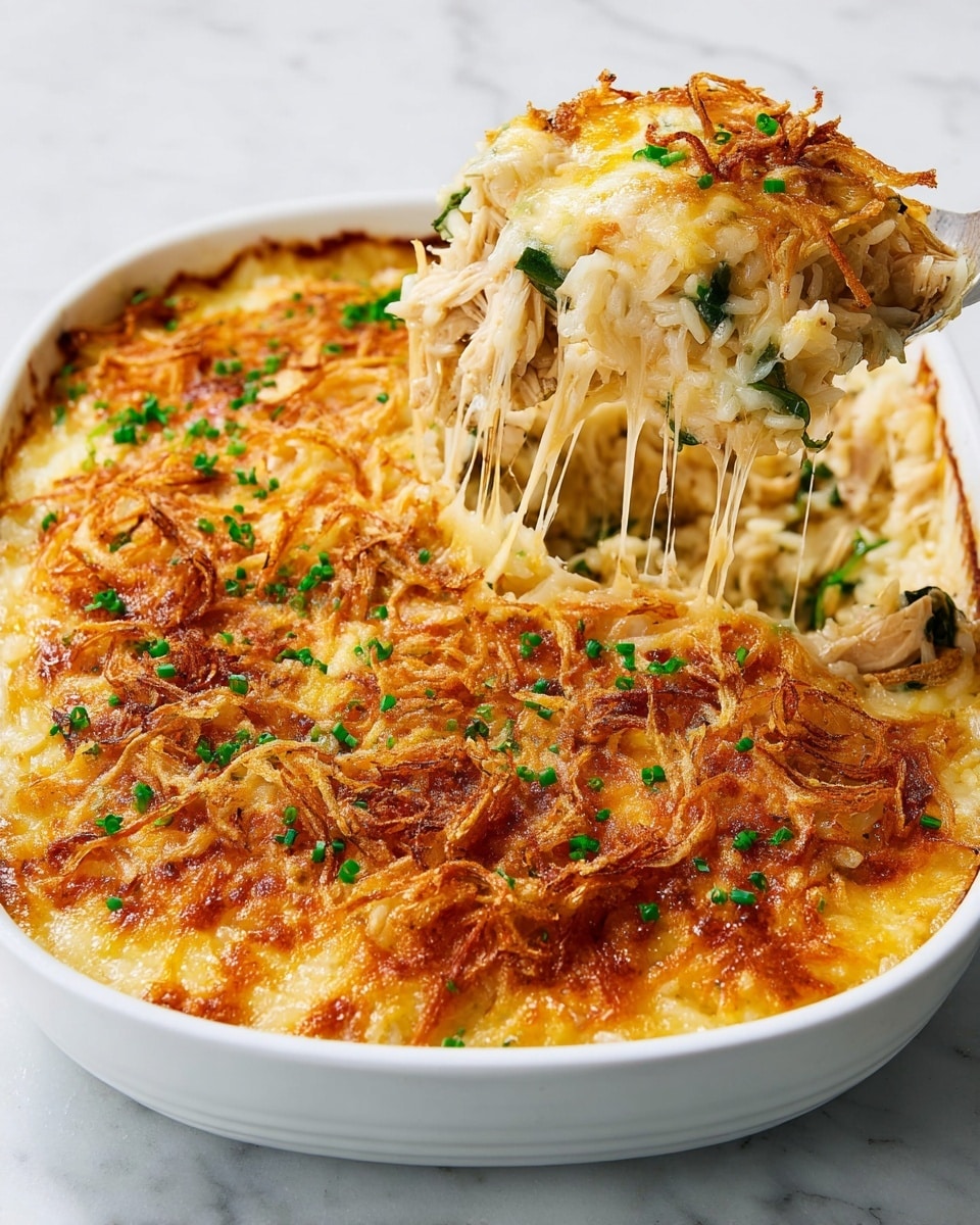 A close-up view of a cheesy baked rice dish in a white bowl, showing a thick layer of creamy rice mixed with shredded chicken and melted cheese being lifted by a golden spoon, with cheese stretching in stringy strands. The top layer is golden brown and crispy, made of fried onion or potato bits, sprinkled with fresh green herbs, giving a mix of creamy, crispy, and tender textures. The dish sits on a white marbled surface, enhancing the colors and textures of the food. photo taken with an iphone --ar 4:5 --v 7