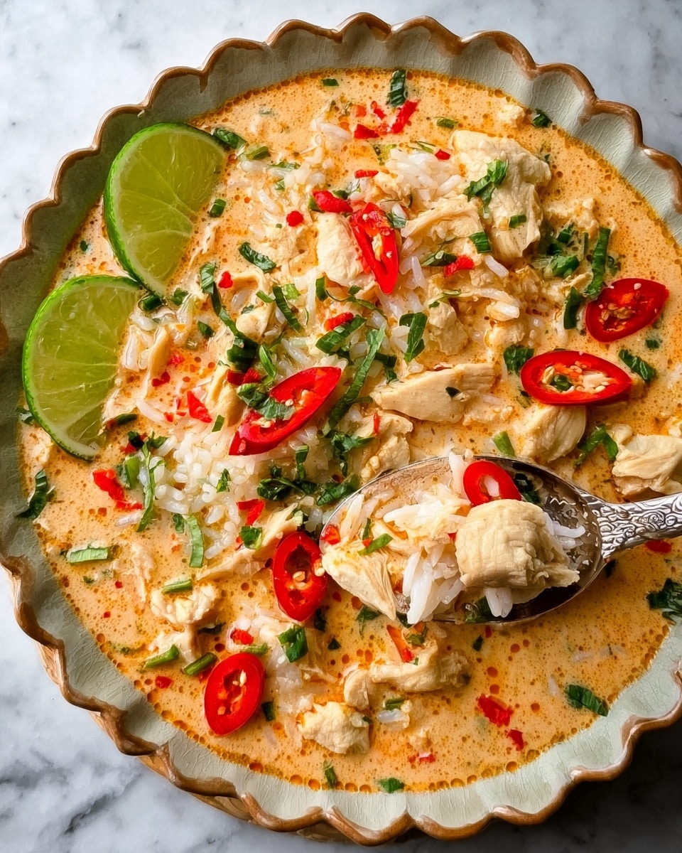The dish is served in a round bowl with a scalloped edge, filled with a creamy, light orange soup that has a rich texture. The soup contains visible pieces of white chicken meat and white rice spread evenly throughout. Red chili slices and chopped green herbs are scattered on top, adding bright red and green colors. There are two lime wedges placed near the edge of the bowl, adding a fresh touch of green. A silver spoon rests inside the bowl, lifting some of the chicken and rice from the soup. The surface beneath the bowl is a white marbled texture. Photo taken with an iphone --ar 4:5 --v 7
