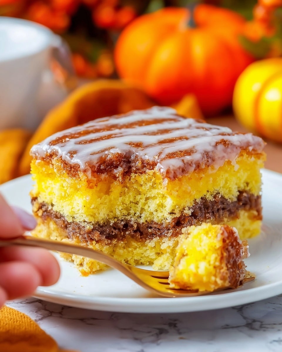 A close-up of a square slice of yellow cake with two layers, separated by a dark brown, crumbly filling in the middle. The top layer is covered with a thin, shiny white glaze that slightly drips over the edges. The cake rests on a white plate with a fork holding a piece of the cake to the side. The background shows a white marbled texture with autumn orange decorations and a woman's hand reaching for the fork. Photo taken with an iphone --ar 4:5 --v 7
