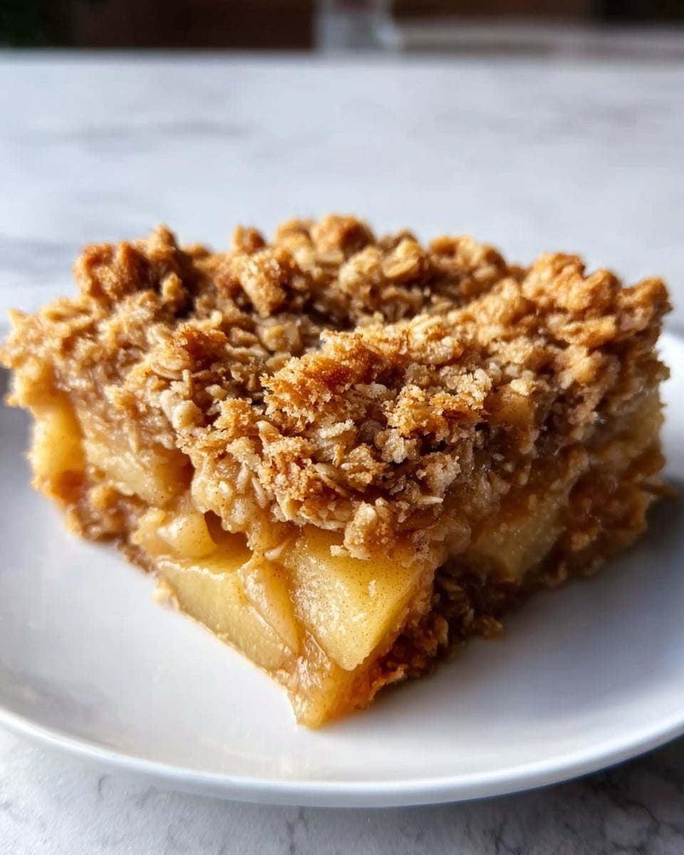 A close-up of a single square slice of apple crumble bar on a white square plate placed on a white marbled surface. The bottom layer is soft, golden apple slices, visible as thick, shiny, and slightly translucent pieces stacked and glistening with syrup. Above the apples is a thick crumbly topping made of oats and brown sugar, with a rough, crunchy texture in a deep golden-brown color covering about half the height of the bar. The edges are slightly uneven, showing homemade, rustic qualities. The warm, inviting colors and textures create a cozy dessert look. Photo taken with an iphone --ar 4:5 --v 7