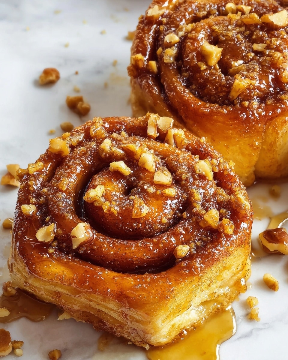 Close-up of two cinnamon rolls on a white marbled surface, each roll showing 5 visible golden brown layers of soft, sticky dough spiraled tightly. The top layers are glossy with thick, amber caramel glaze and sprinkled with crumbly cinnamon sugar and small pieces of crunchy walnut. Syrup pools slightly around the bases, adding shine and a rich texture contrast. Photo taken with an iphone --ar 4:5 --v 7