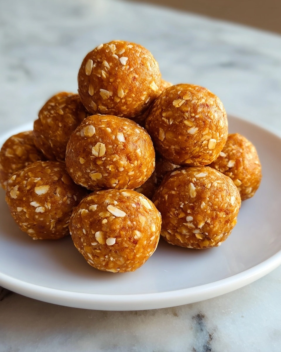 A white plate holds ten round orange-colored energy balls, each speckled with light-colored oat flakes that give a rough texture. The balls are smooth but uneven, showing a mix of orange and beige oats throughout. The plate is set on a white marbled surface that adds a soft contrast to the warm, earthy tones of the energy balls. photo taken with an iphone --ar 4:5 --v 7