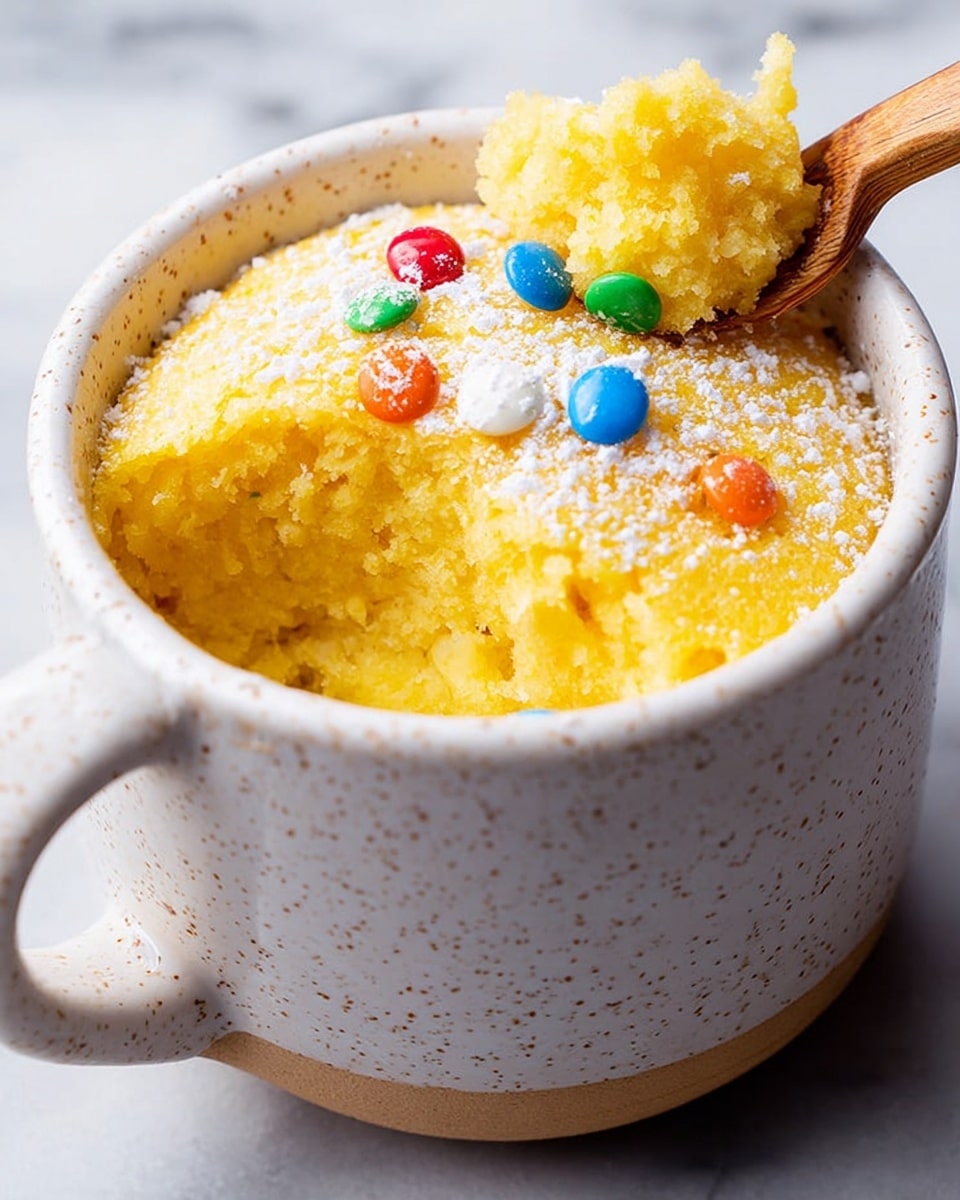 A white speckled mug holds a single-layer bright yellow mug cake with a soft, spongy texture. The top of the cake is lightly dusted with white powdered sugar and scattered with small, round, colorful candy pieces in red, green, blue, and yellow. A small spoon with a wooden handle is partially inserted into the cake, showing the fluffy inside. The mug is set on a white marbled surface, and the photo is close up, focusing on the cake's texture and colors. photo taken with an iphone --ar 4:5 --v 7