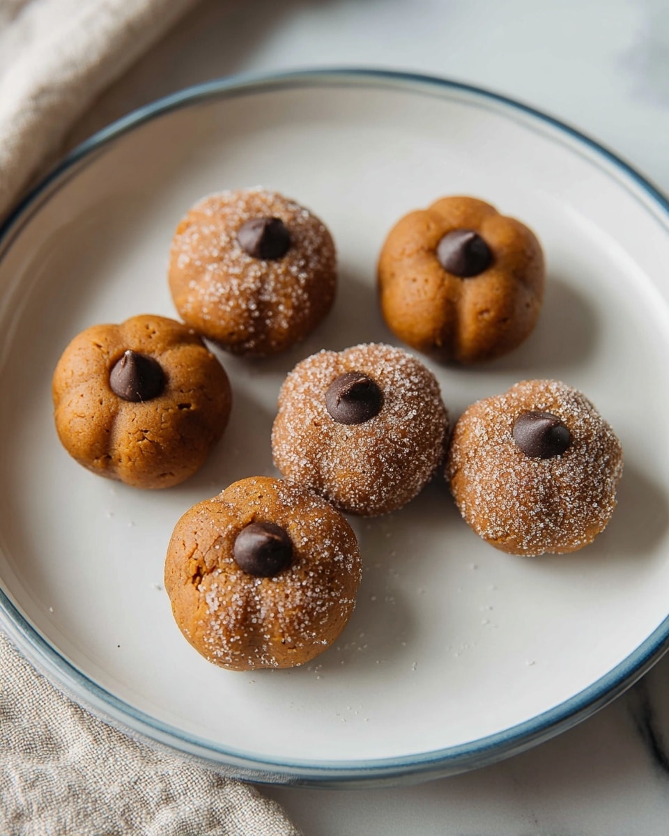 Five small pumpkin-shaped cookies are placed on a white plate with a thin blue rim. Three cookies are coated with light brown sugar that gives them a slightly grainy texture and the other two have a smooth surface. Each cookie has a small dark chocolate chip pressed into the center on top. The cookies are evenly spaced on the plate, which rests on a white marbled surface with a faint pattern. photo taken with an iphone --ar 4:5 --v 7