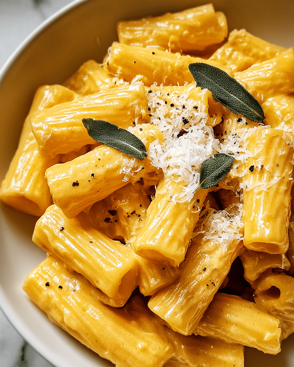 A close-up view of rigatoni pasta fully coated in a creamy, golden yellow cheese sauce, filling the center of a white bowl. The pasta tubes are glossy and smooth, layered randomly, with some standing upright and others laying on their sides, showing the ridged texture. On top, a light dusting of finely grated white cheese adds a soft, powdery layer interspersed with small bits of cracked black pepper. A few small green sage leaves rest on the cheese, providing contrast and a touch of freshness against the warm colors of the dish. The scene is set against a white marbled surface, giving a clean and elegant look. Photo taken with an iphone --ar 4:5 --v 7