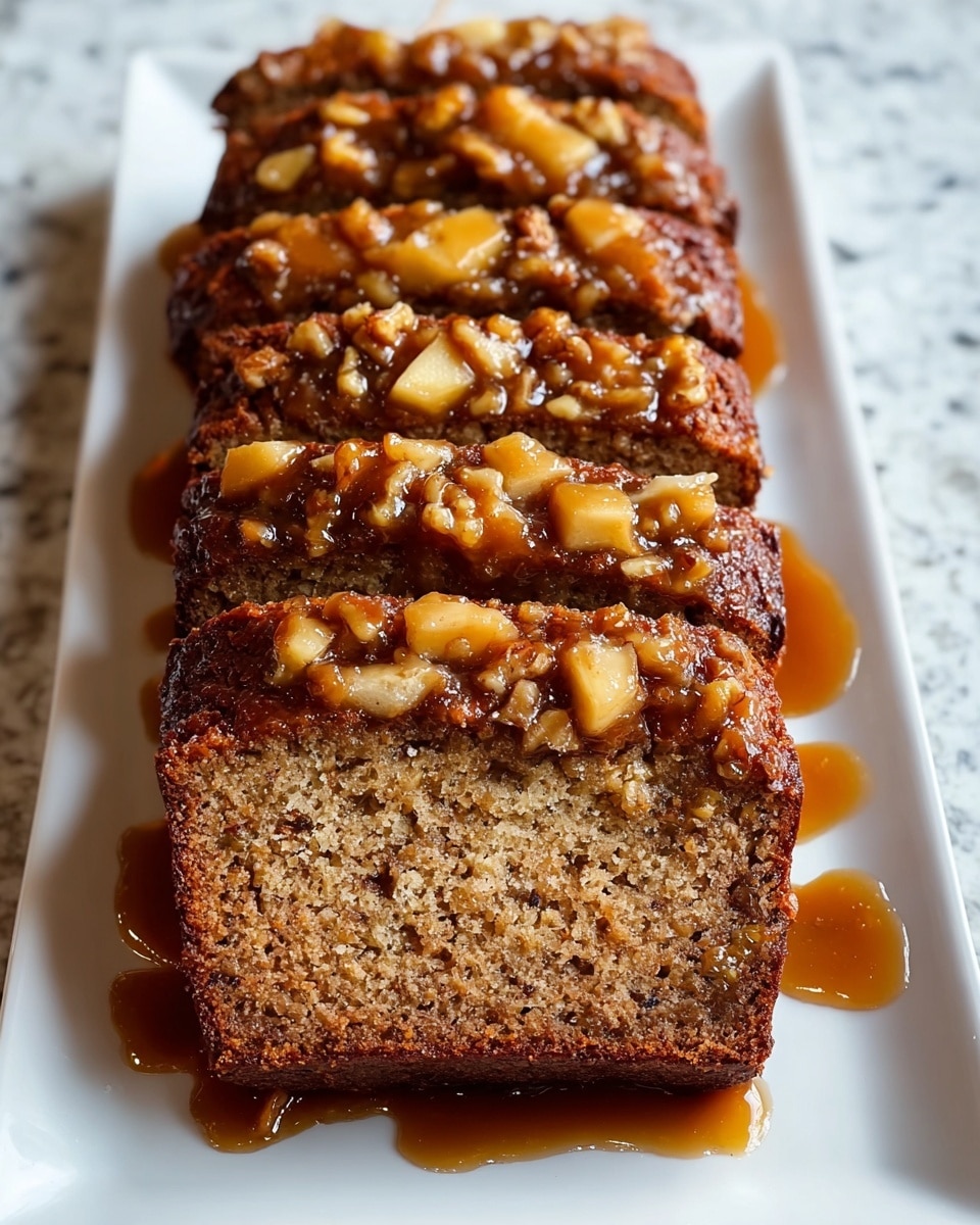A loaf of moist banana bread is sliced into five thick pieces arranged neatly on a long white plate, each slice showing a soft, dense texture with small walnut bits inside. The top layer is dark golden brown, topped with a glossy caramel sauce mixed with small chunks of cooked apples and walnut pieces that glisten, with some sauce running over the sides of the bread and pooling slightly on the plate. The overall color palette ranges from light brown crumb inside to deep brown on the crust and warm caramel tones on top. The plate sits on a white marbled textured surface. photo taken with an iphone --ar 4:5 --v 7