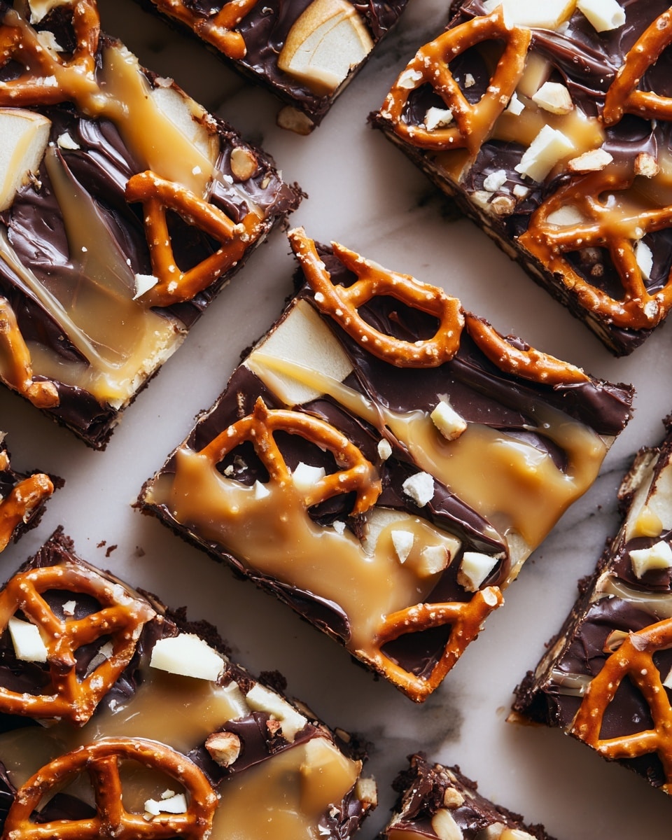 The image shows several rectangular pieces of a snack bar arranged closely together on a white marbled surface. Each piece has a thin dark chocolate base topped with small pretzel twists whose golden-brown color contrasts with the dark chocolate. On top of the pretzels, there are small chunks of light yellow apple scattered unevenly, adding a fresh look. The entire snack is drizzled with smooth, glossy caramel in thin, wavy lines, giving a shiny texture that catches the light. Some pieces have tiny flakes of sea salt sprinkled on them, adding a touch of roughness. Photo taken with an iphone --ar 4:5 --v 7
