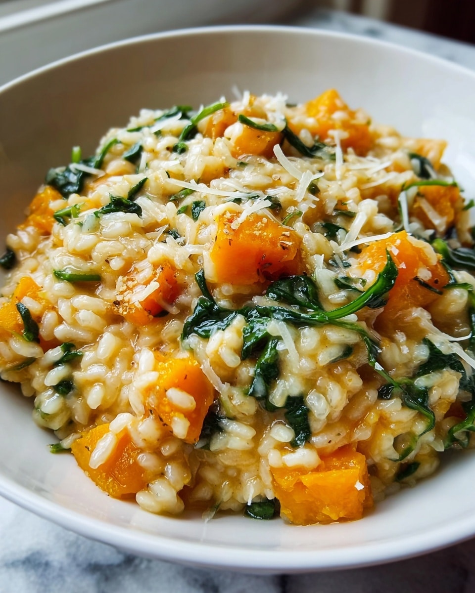 A close-up view of a white bowl filled with creamy risotto that has a soft, glossy texture. The risotto shows three main layers mixed together: small grains of tender rice in a pale yellow sauce, chunks of bright orange butternut squash, and leafy dark green spinach pieces evenly spread throughout. Thin shreds of light-colored cheese sprinkle the top, adding a fine texture contrast. The dish is placed near a window with soft natural light, all set on a white marbled surface. Photo taken with an iphone --ar 4:5 --v 7