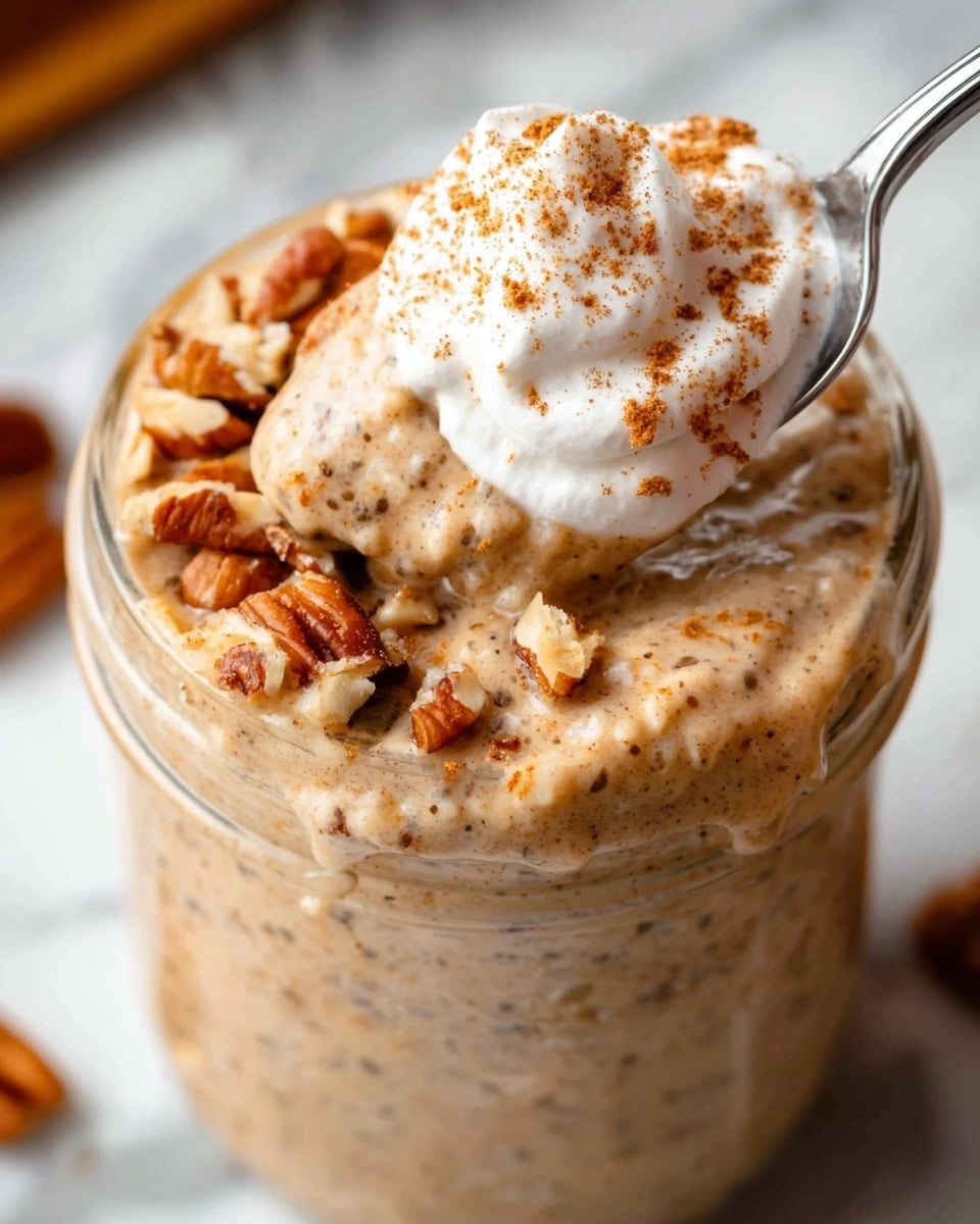 The image shows a close-up of a creamy dessert inside a clear glass jar. The dessert has a light brown color with a slightly speckled texture. On top, there is a dollop of white whipped cream sprinkled with cinnamon, and some small, crunchy pecan pieces scattered around. A silver spoon is scooping the dessert from the jar, showing its thick, smooth, and slightly chunky consistency. The background is a white marbled surface. photo taken with an iphone --ar 4:5 --v 7