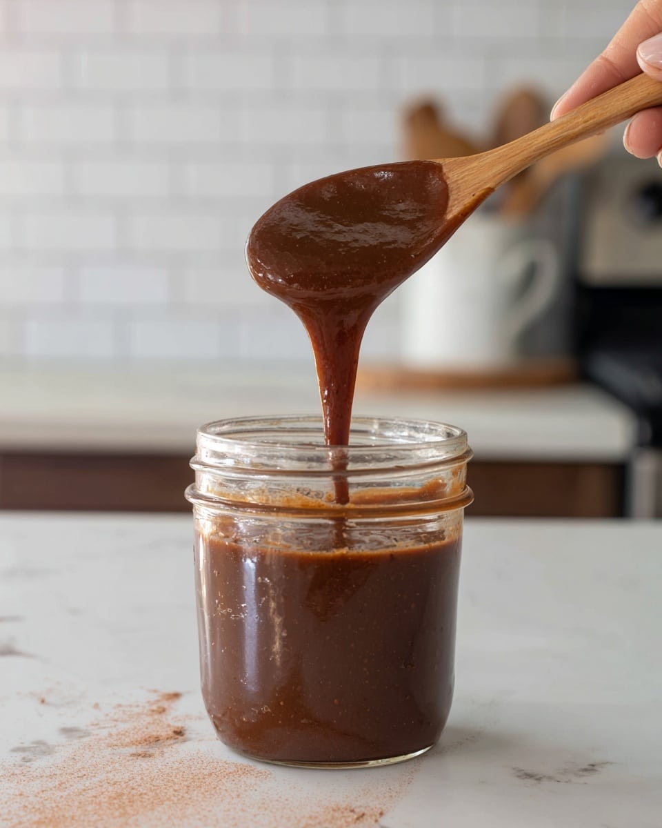 A close-up view of a small glass jar filled with thick, brown sauce or paste. A wooden spoon held by a woman's hand lifts the sauce, which drips slowly back into the jar showing its smooth and slightly grainy texture. The scene is set on a white marbled surface with soft natural light highlighting the glossy shine of the sauce. The background shows a blurred kitchen setting with a stove and white tiled wall. photo taken with an iphone --ar 4:5 --v 7