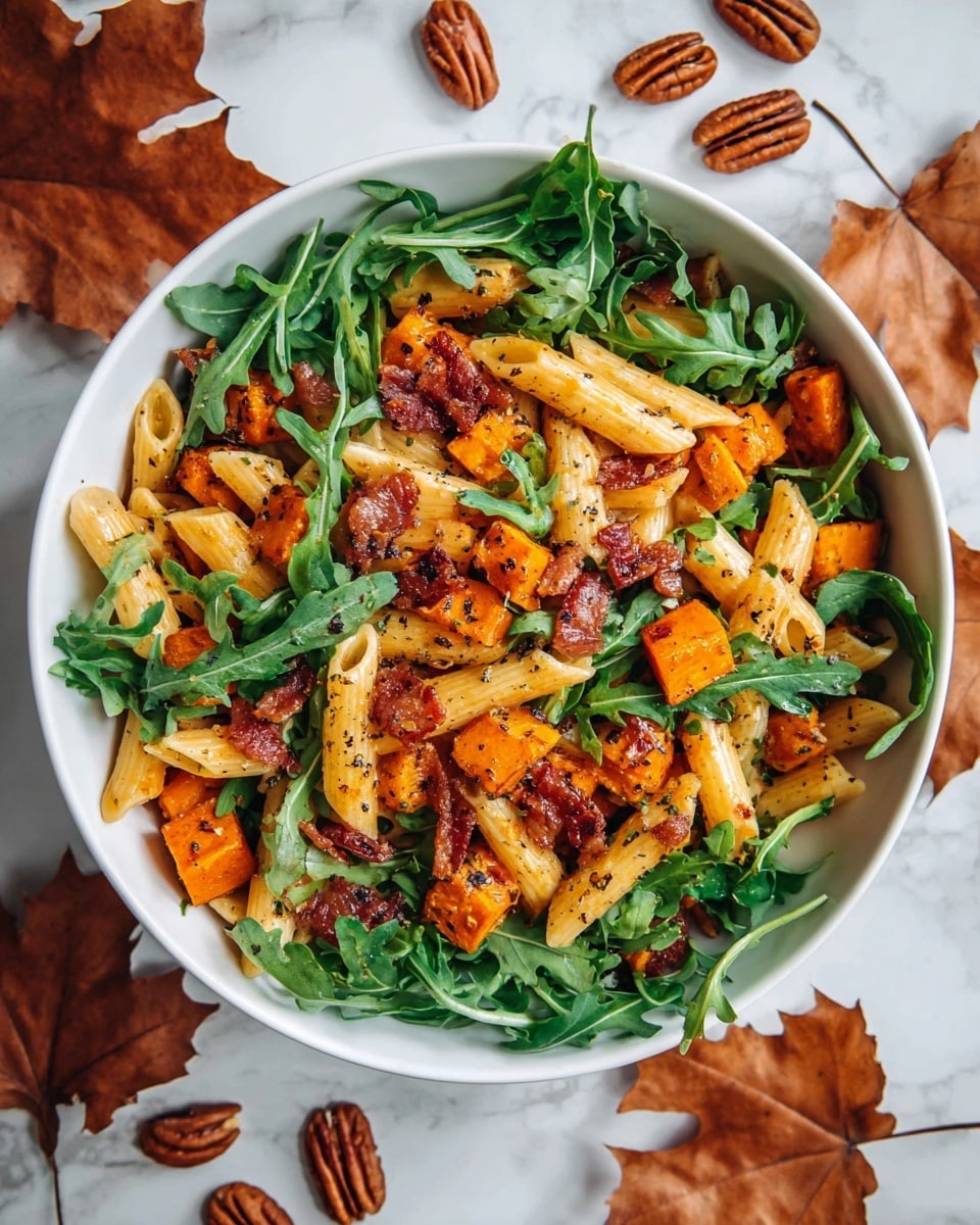 A white bowl filled with a layered dish starting with penne pasta in a light golden color scattered throughout, mixed with bright orange sweet potato cubes and crispy brown bacon bits. Fresh dark green arugula leaves are spread on top and around the pasta, adding leafy texture and color. The dish is speckled with black ground pepper for extra detail. The bowl sits on a white marbled surface surrounded by brown dried autumn leaves and a few pecan nuts placed nearby for a seasonal touch. Photo taken with an iphone --ar 4:5 --v 7