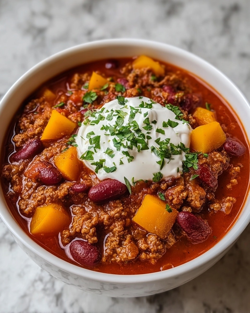 A white bowl filled with thick chili showing layers of ground meat mixed with red kidney beans and small orange chunks, likely squash or pumpkin, in a rich red tomato sauce. On top, there is a dollop of white sour cream in the center, sprinkled with chopped green herbs. The textures contrast between the soft meat, chunky beans, and smooth sour cream, all set on a white marbled surface. photo taken with an iphone --ar 4:5 --v 7
