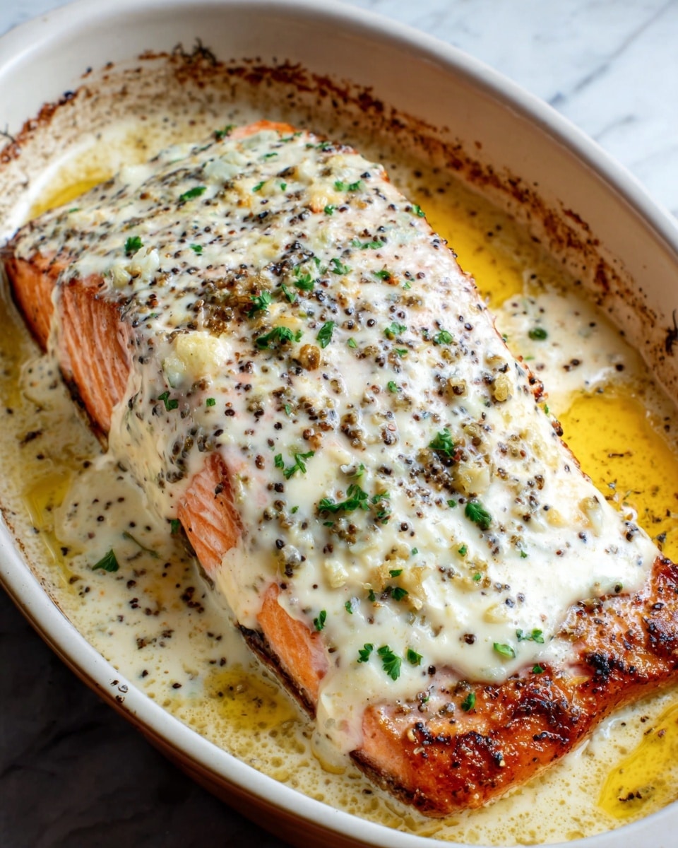 A cooked salmon fillet with a golden-brown crust sits in a white oval dish. The salmon is topped with a thick layer of creamy white sauce sprinkled with black pepper and small green herb pieces. The fish itself has a slightly pink and flaky texture visible under the sauce. The dish has a bit of yellow oil pooling around the edges, adding shine. The background is a white marbled surface. Photo taken with an iphone --ar 4:5 --v 7