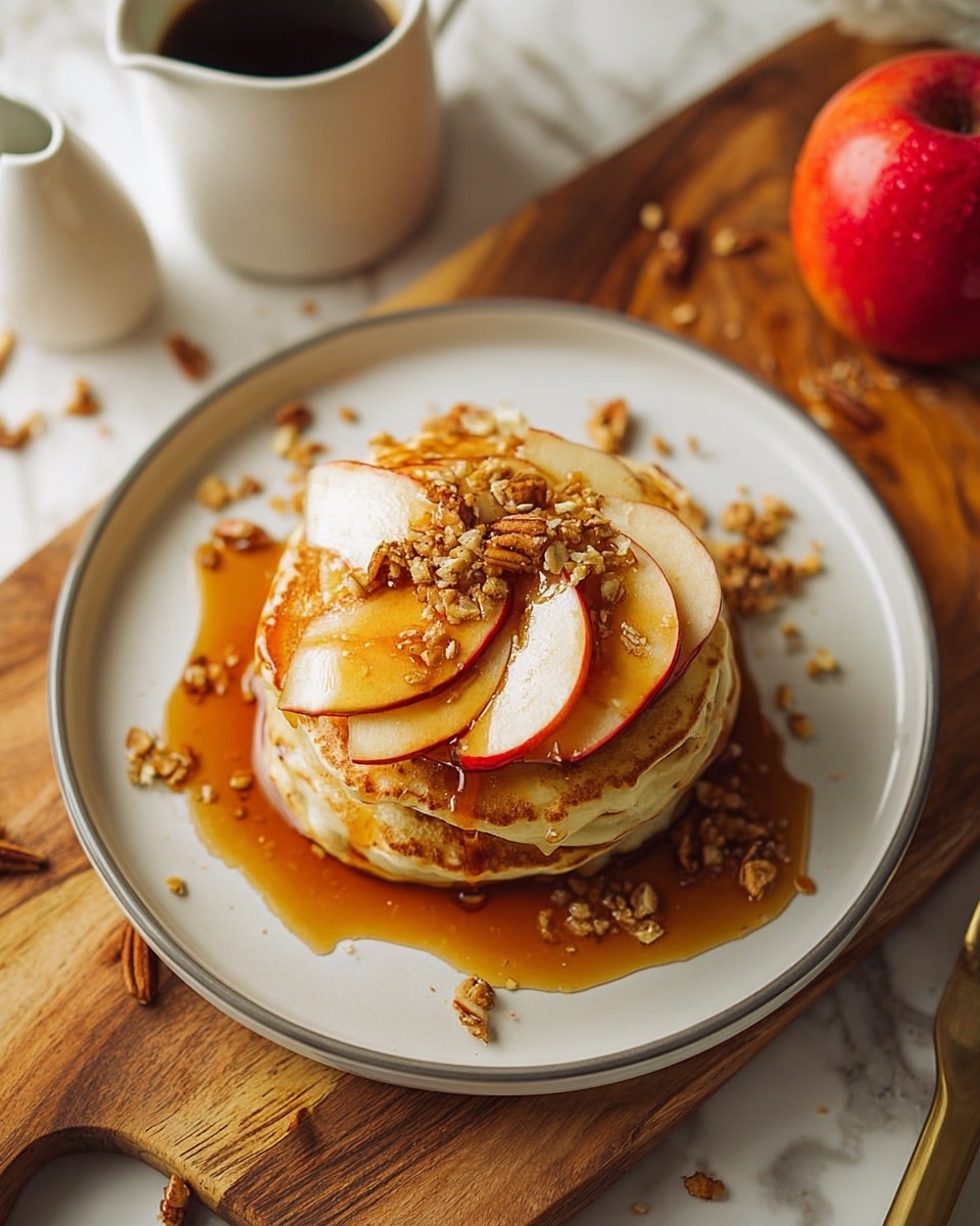 A stack of three golden brown pancakes sits in the center of a white plate with a thin gray rim. Between each pancake layer are thin, light red and white apple slices. On top, more apple slices are arranged in a circle, covered with a generous drizzle of amber syrup and sprinkled with crunchy, light brown granola pieces. The plate is on a wooden surface with a cup of coffee, a small white syrup pitcher, and a shiny red apple nearby, all set against a white marbled texture. Photo taken with an iphone --ar 4:5 --v 7
