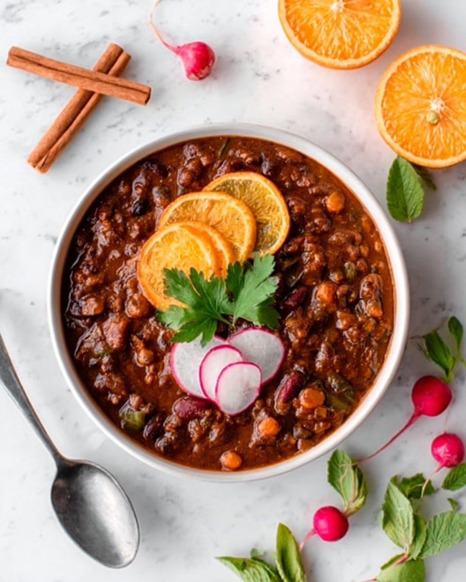 A white bowl filled with rich, dark brown chili topped with three thin orange slices, two thinly sliced radishes, and a sprig of fresh green parsley in the center. The bowl sits on a white marbled surface with a cinnamon stick cross on the left side and a silver spoon on the right. The top right corner has orange halves and radishes with green leaves scattered casually. photo taken with an iphone --ar 4:5 --v 7