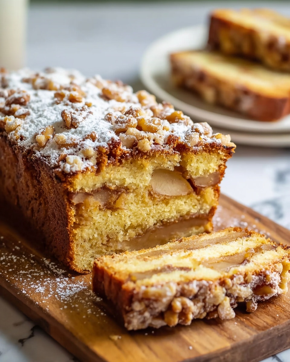 A loaf of golden brown apple cake with two slices cut from it sits on a wooden board over a white marbled texture. The cake has a soft, light yellow inside showing apple chunks, and a crumbly top layer with walnuts and a dusting of powdered sugar. The apples inside are slightly caramelized and the crumbs on top are a mix of golden and light brown, adding texture. The edges of the cake are slightly darker, giving a baked crust look. In the background, there is a blurred white plate with more cake slices. Photo taken with an iphone --ar 4:5 --v 7
