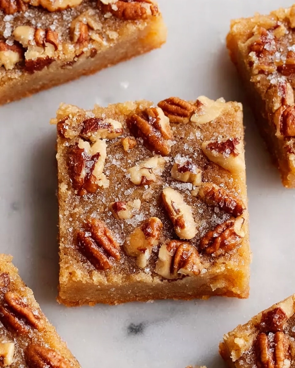 A close-up of a square blondie bar topped with uneven pieces of pecan nuts scattered across the surface in a golden-brown layer that looks soft and slightly chewy with a bit of crystalline sugar sprinkled on top. The blondie sits on a white marbled surface with other similar bars partially visible at the edges. The texture of the bar is dense and moist with the nut pieces clearly embedded in the top layer, giving a crunchy contrast to the smooth base. Photo taken with an iphone --ar 4:5 --v 7