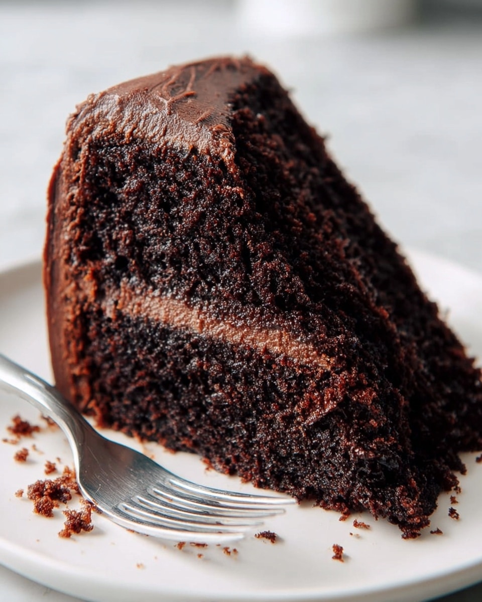 A close-up view of a thick slice of chocolate cake on a white plate with small brown crumbs scattered around. The cake has two visible layers of dark, moist chocolate sponge with a thin middle layer of lighter, creamy chocolate filling. The outer edge is coated with a smooth, dark chocolate frosting. The cake texture looks soft and rich. A silver fork is placed in the bottom left corner of the plate. The background is a white marbled texture. photo taken with an iphone --ar 4:5 --v 7