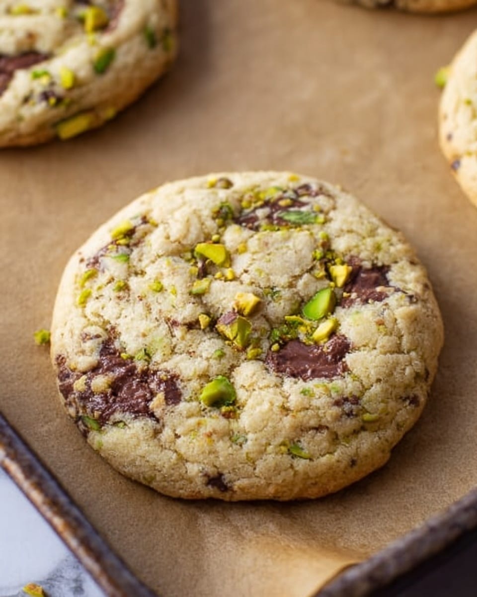 A close-up view of a soft, round cookie placed on light brown parchment paper atop a dark metal baking tray. The cookie's surface is golden-brown with slightly crispy edges and a chewy center, dotted with melted dark chocolate chunks and small, bright green pistachio pieces scattered across the top. The texture looks slightly cracked, showing the cookie's softness inside. The background is a white marbled texture. photo taken with an iphone --ar 4:5 --v 7