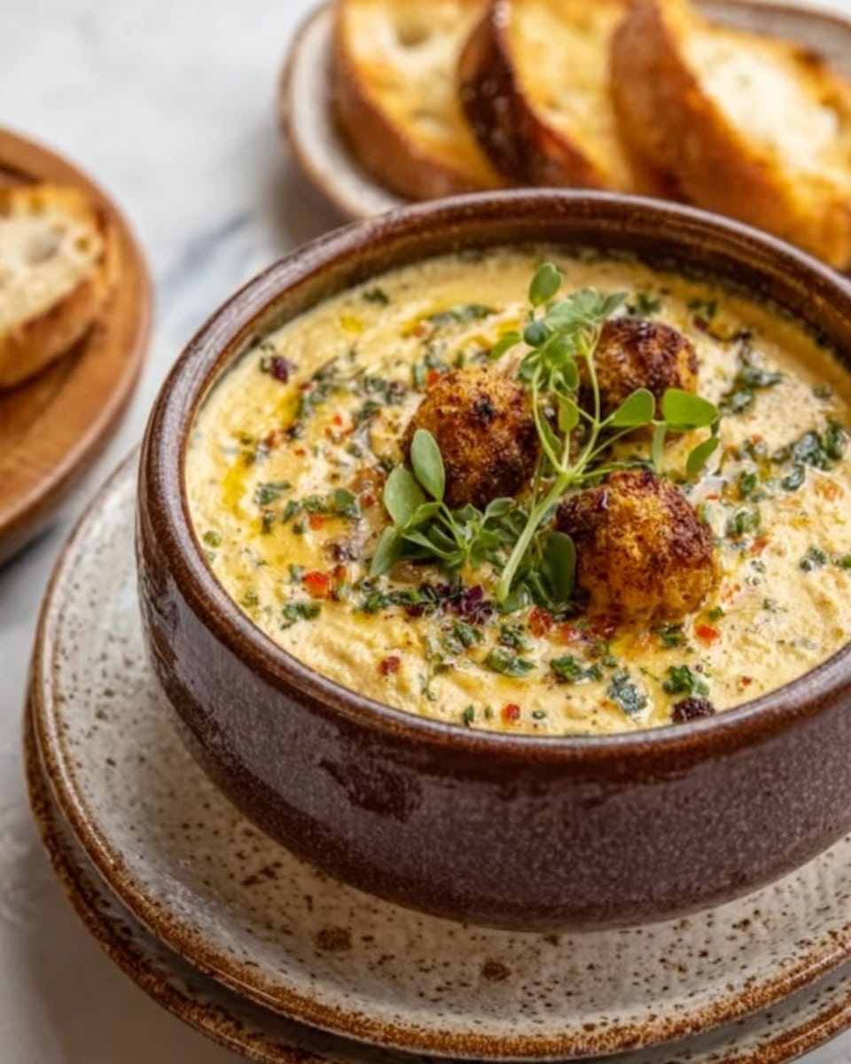 A round white bowl filled with creamy yellow hummus topped with small golden chickpeas, a drizzle of olive oil, and scattered red and green herb leaves. The bowl sits on a white plate with a rough gray texture, placed on a white marbled surface. Some bread slices are blurred in the background. Photo taken with an iphone --ar 4:5 --v 7
